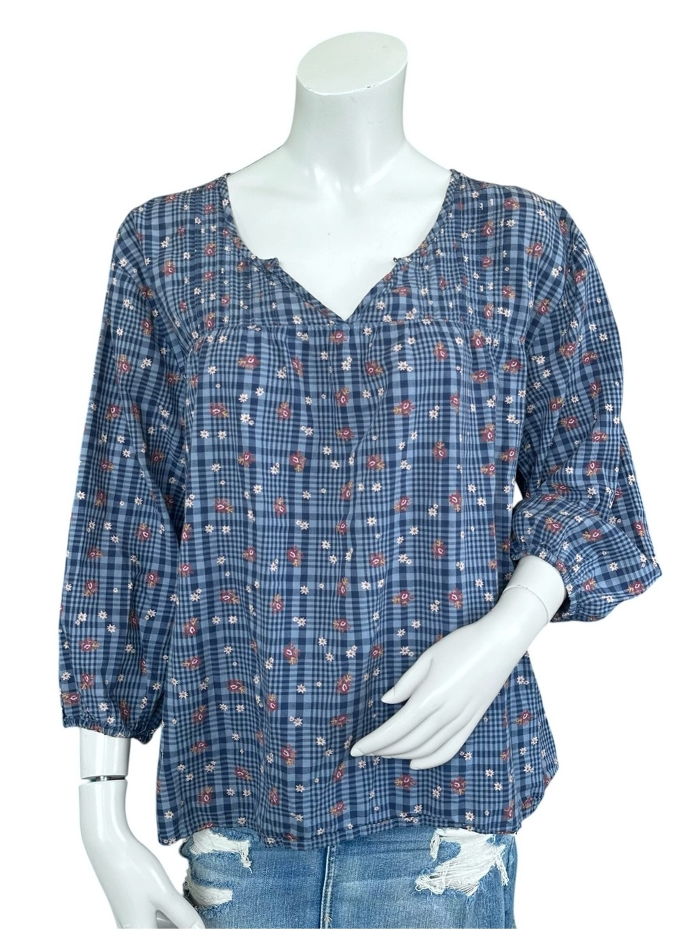 Toad & Co Willet Organic Cotton Blue Plaid Floral Print 3/4 Sleeve Blouse Large